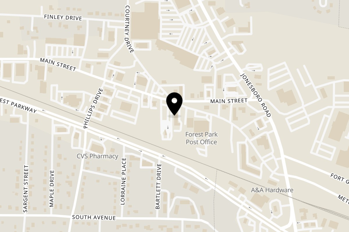 Map showing the location of MLK Fish & Chicken on 1105 Main St Ste 301 in Forest Park